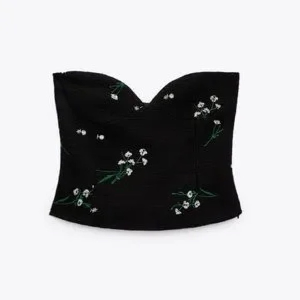 Floral Embroidered Black Strapless Top